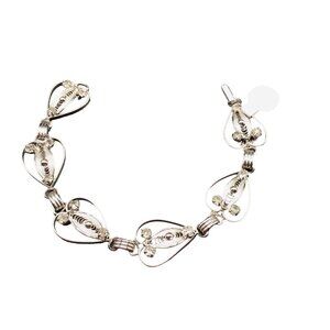 Vtg Filigree Bracelet Sterling Silver Heart Shaped Scrolls Link and Rhinestones